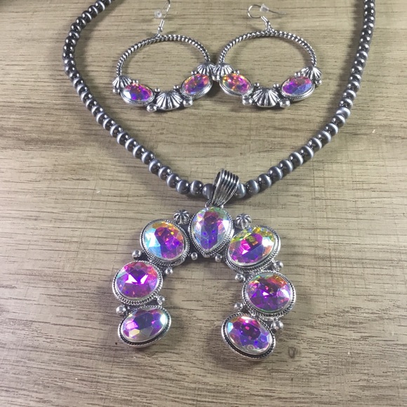 Multicolored Squash Blossom Silver and Pink Jewelry Necklace Earrings Set - Picture 2 of 7